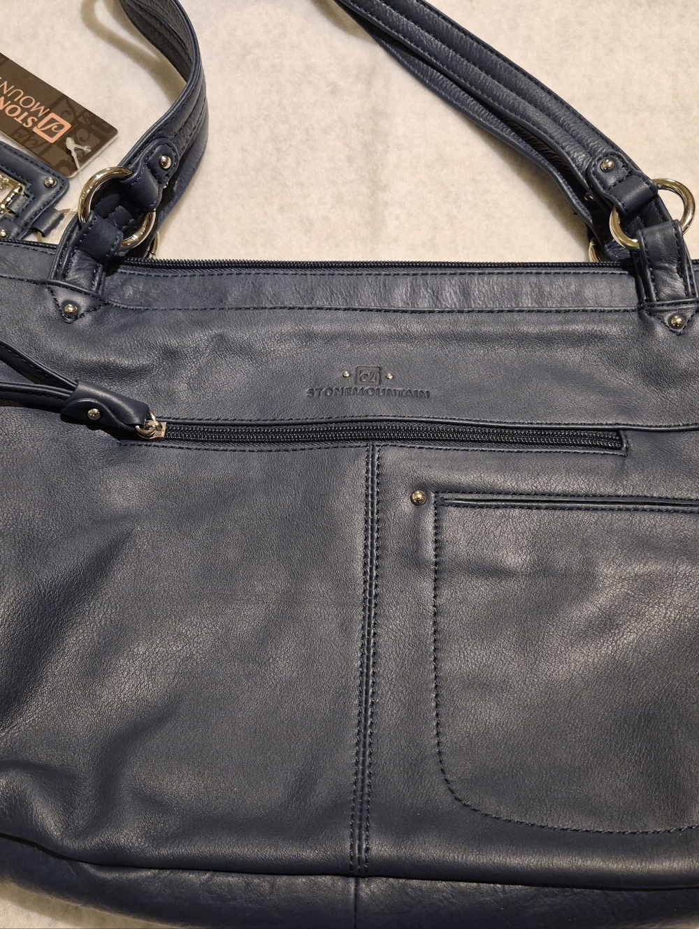 Vintage Stone Mountain Navy Leather Shoulder Bag with Silver-tone Accents NWT - Picture 3 of 11